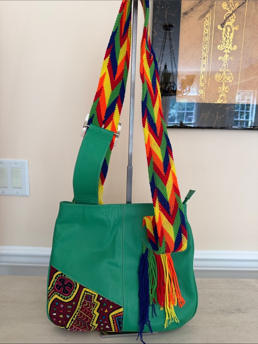 Green Leather Crossbody Bag with Multicolor Strap